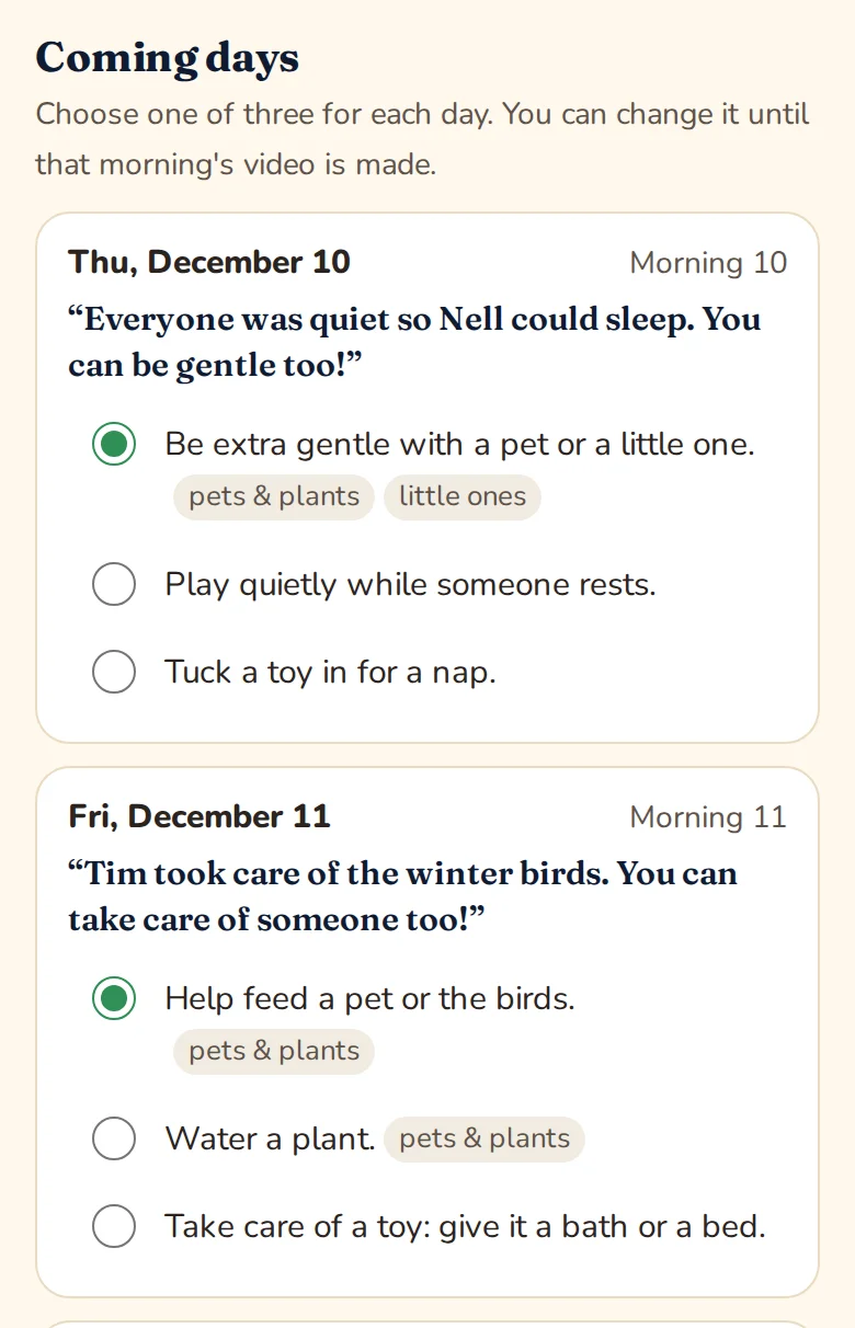 Coming days: three kind deeds to choose from for each day