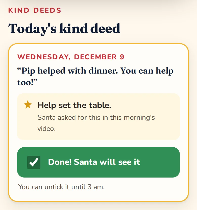 Today's kind deed: Help set the table. Done! Santa will see it