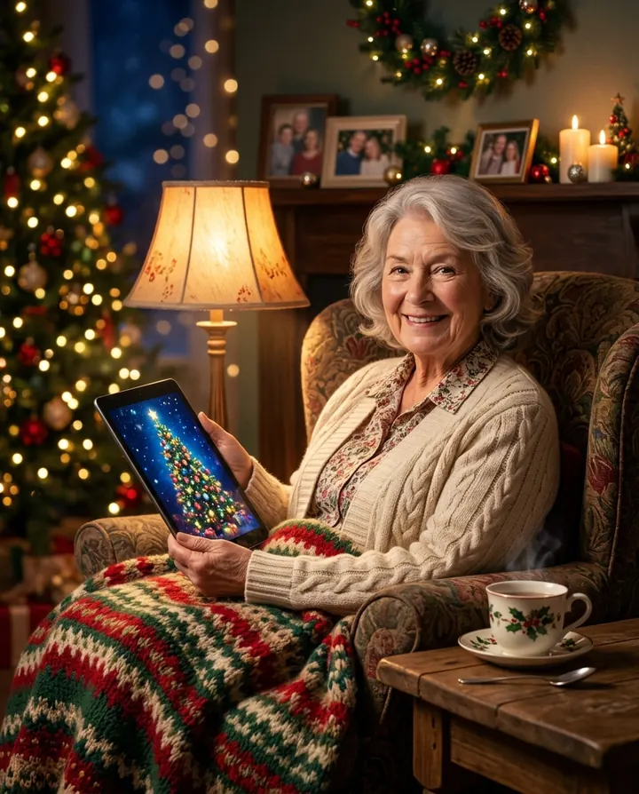 A grandmother in an armchair holds a tablet with a glowing Christmas tree