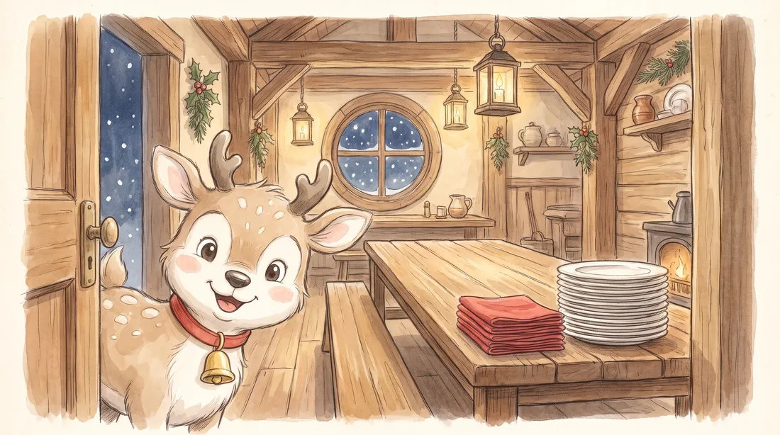 Pip the little reindeer peeks into the elves' dining room